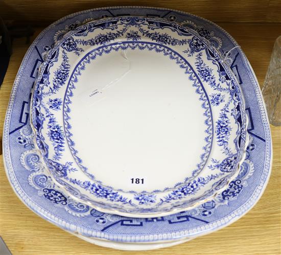 Three blue and white oval meat dishes, including one by Mortlock